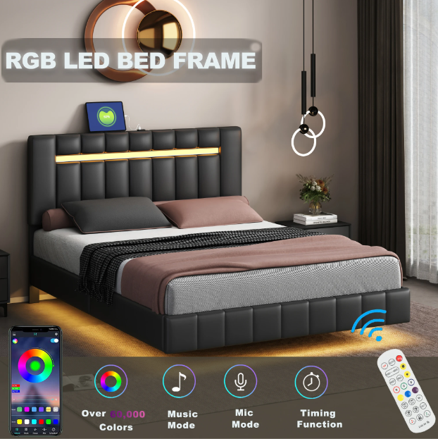 Floating Bed Frame With LED Lights and 2 USB Ports