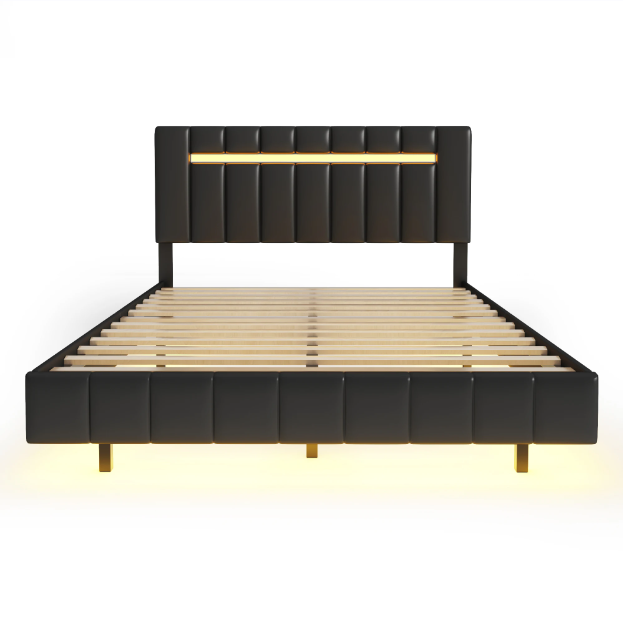 Floating Bed Frame With LED Lights and 2 USB Ports