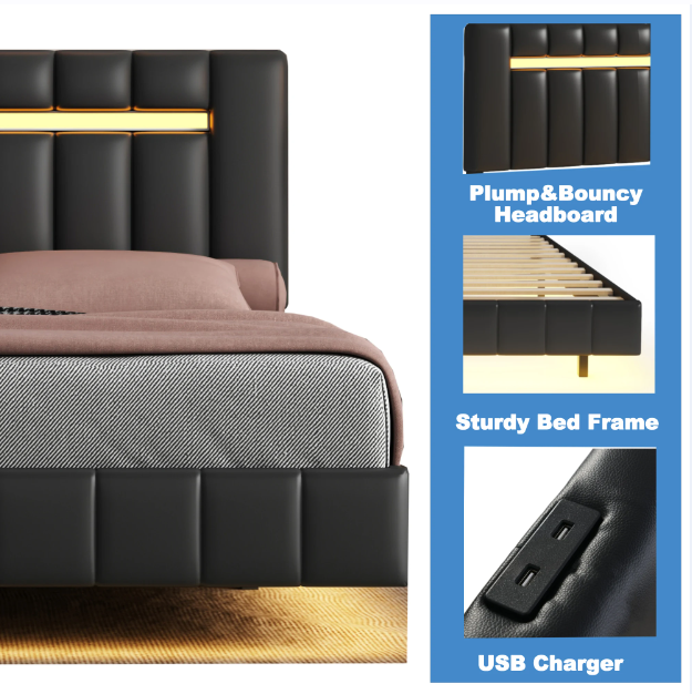 Floating Bed Frame With LED Lights and 2 USB Ports